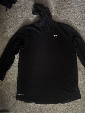 Nike Black Hooded Long Sleeve Top with White Swoosh SZ Large
